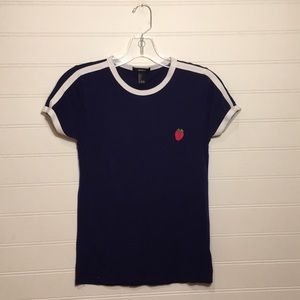 Navy blue and white strawberry shirt.
